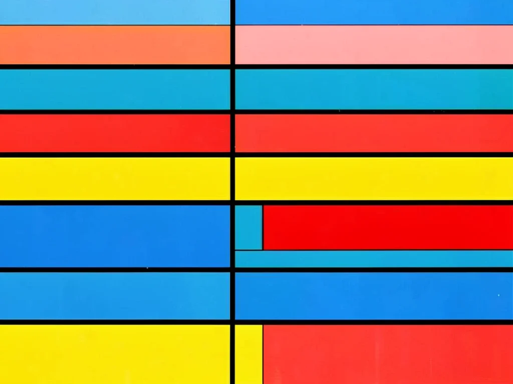 Fields and sky from above — pure horizontal color bands in primary palette