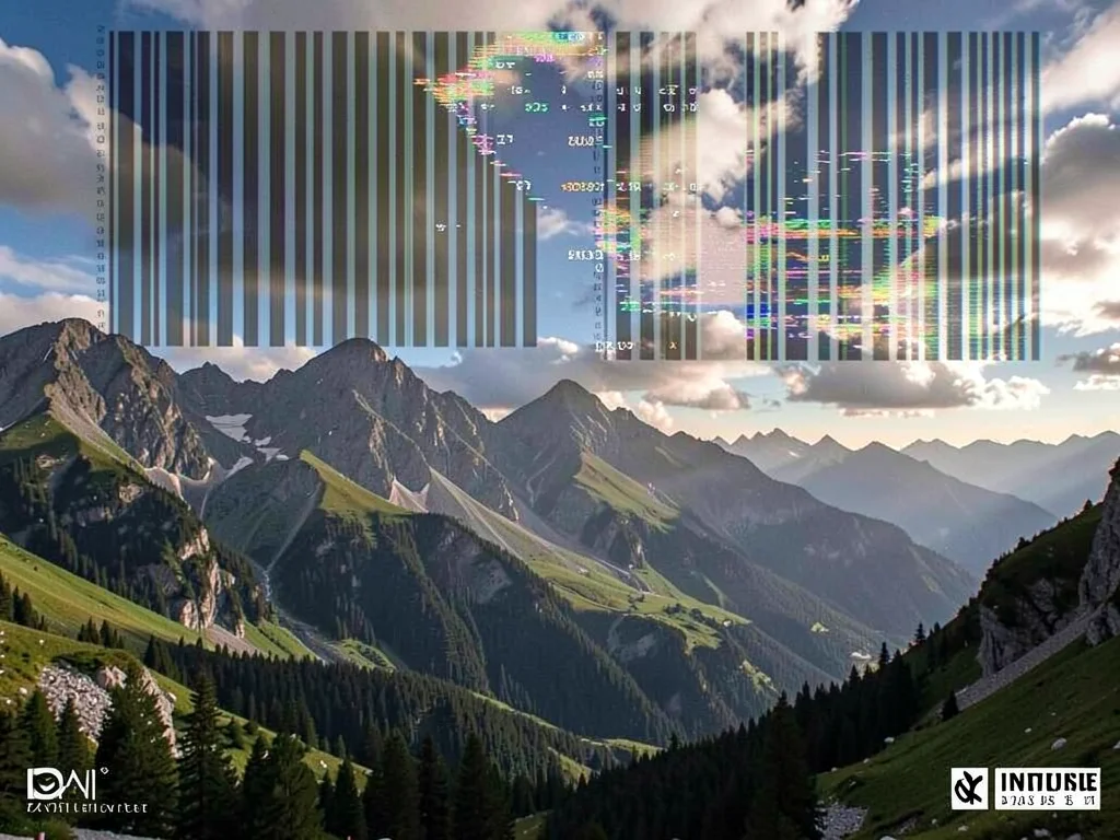 Mountain landscape with hex edit corruption turning sky into barcode, nature gli