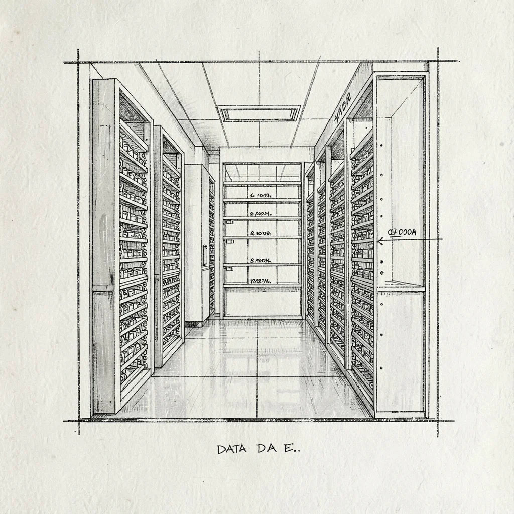Architectural plan view of a small data hall with labelled rows, slate ink on cr