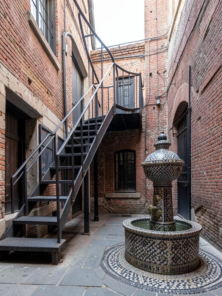 Riad courtyard with industrial metal staircase, zellige fountain, exposed brick
