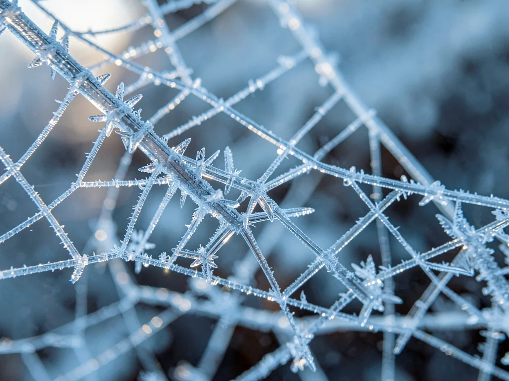 Ice crystals growing on spiderweb filaments in morning cold