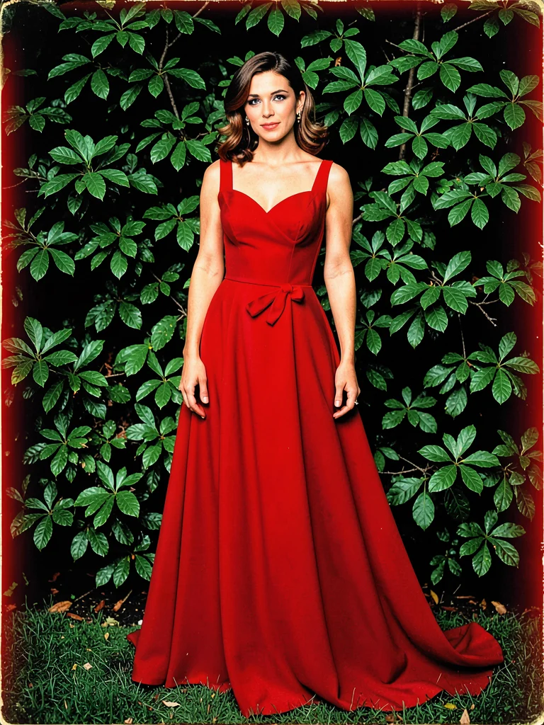 Scarlet evening gown photographed against emerald foliage — reds and greens figh