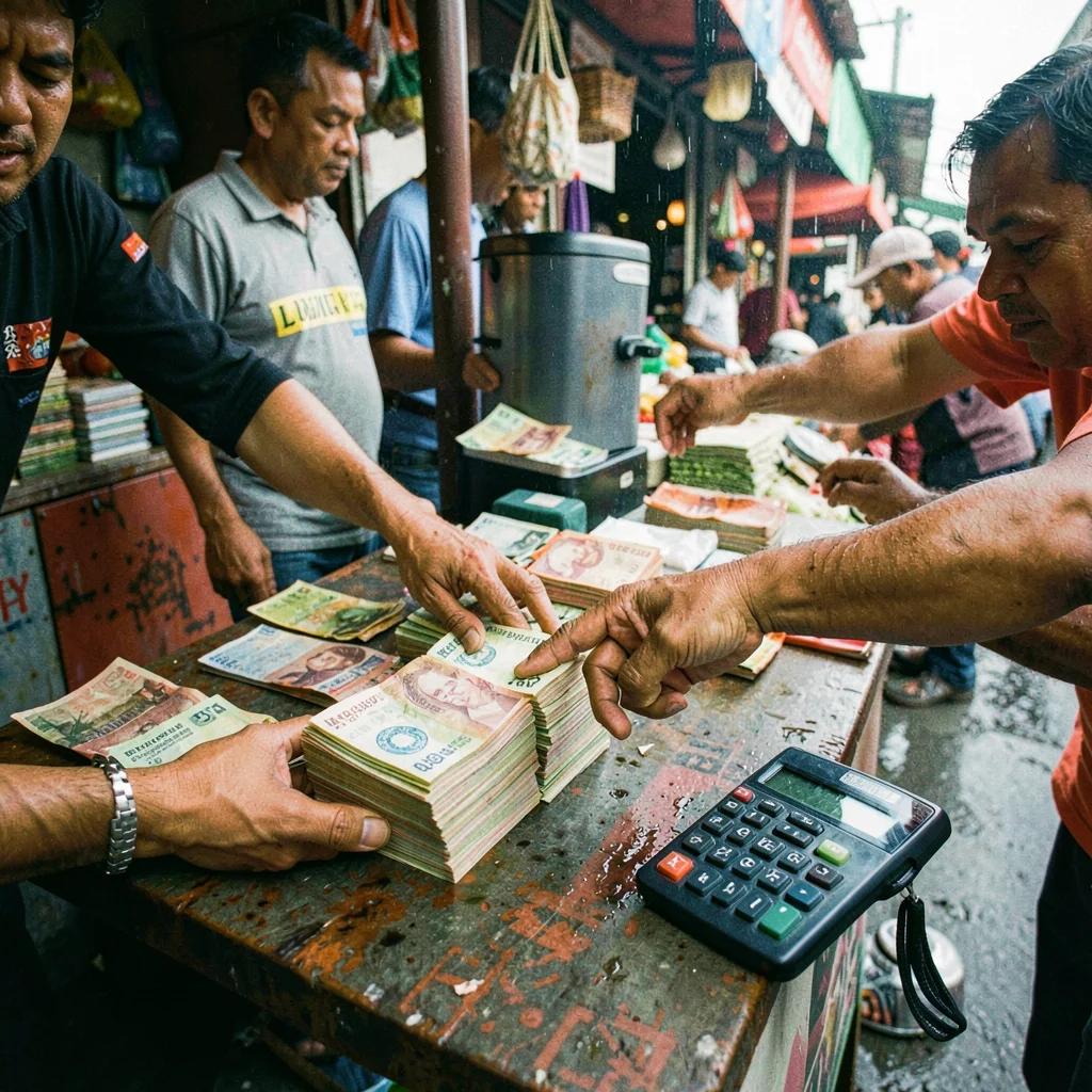 High-energy street photograph, Hands counting stack of naira notes at market sta