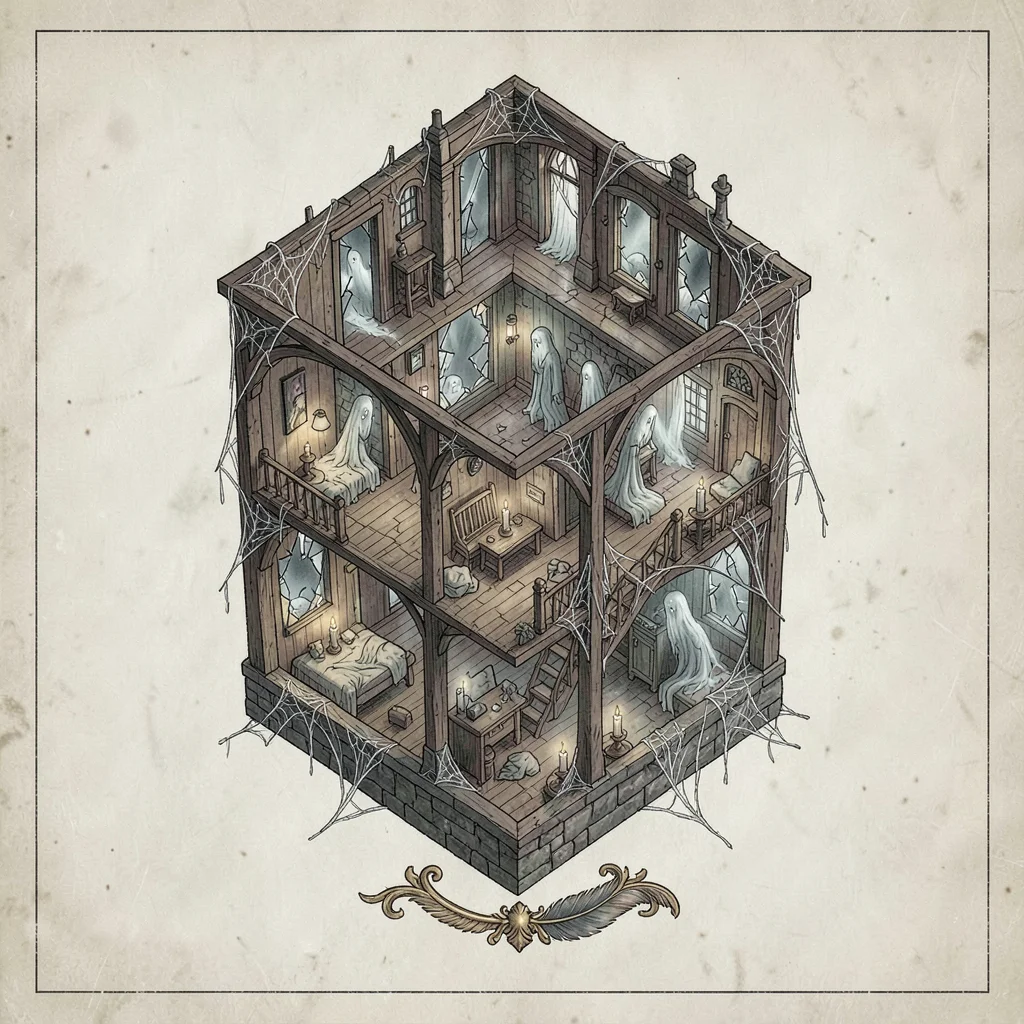 A low-fantasy haunted-tower interior plan rising upward with cobweb halls, broke
