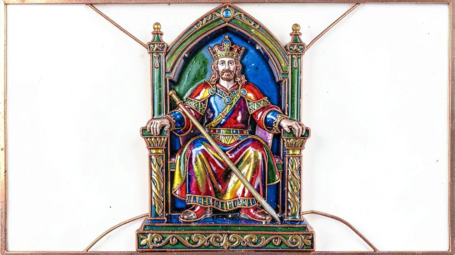 Cloisonné enamel illustration, king on throne , copper wire outlines, glass enam