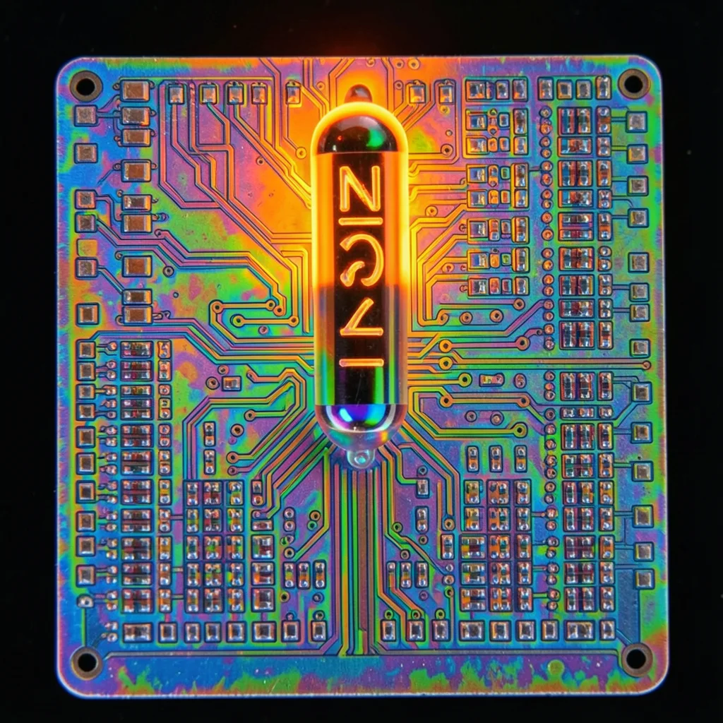 Nixie tube displaying a number, orange neon glow behind stacked wire cathodes