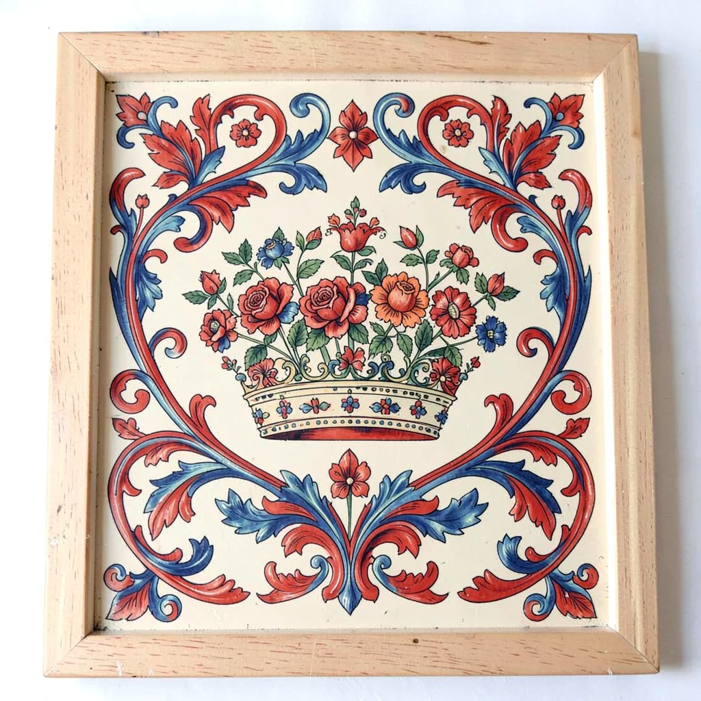 Scandinavian rosemaling illustration, traditional crown bride ornament with flow