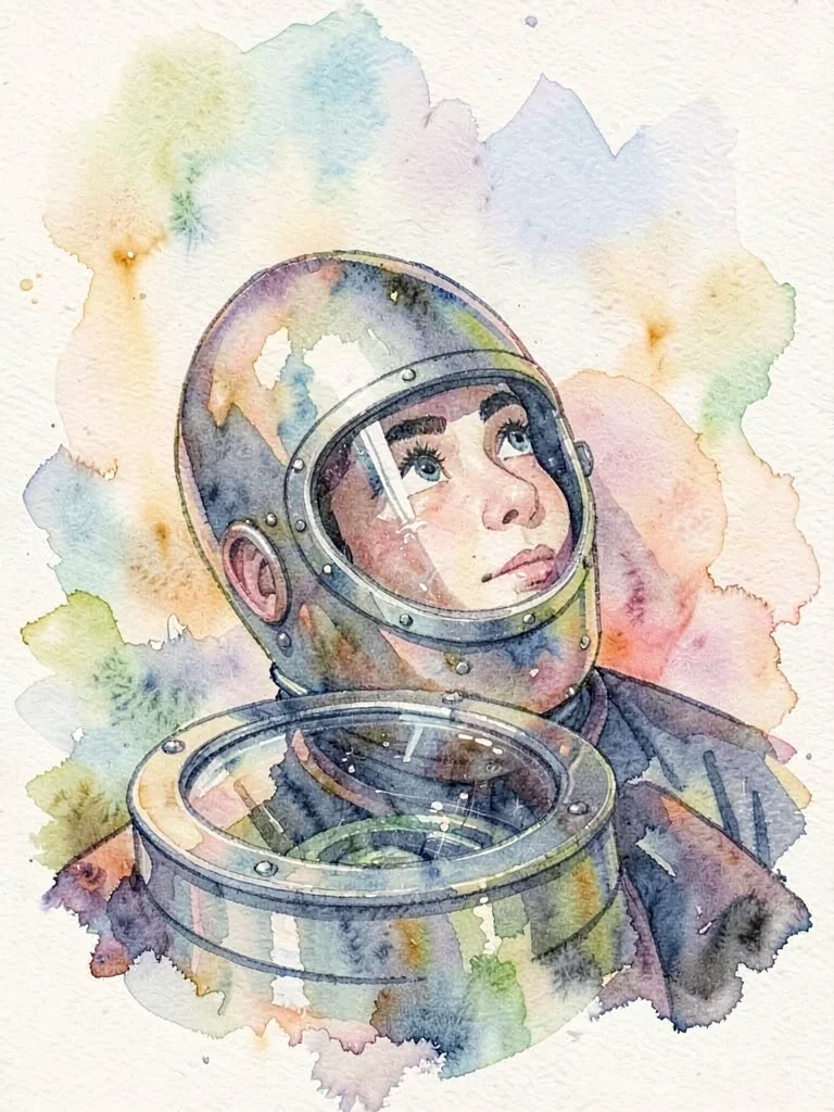 Old-style diver looking up toward unseen surface, helmet tilted, porthole glass 