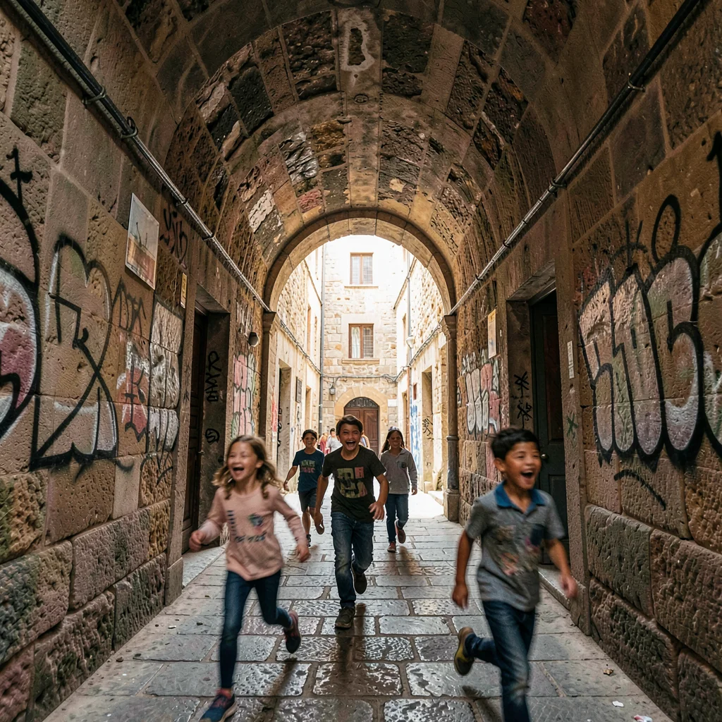 Historic medina photography, labyrinthine old city, Children running through a v