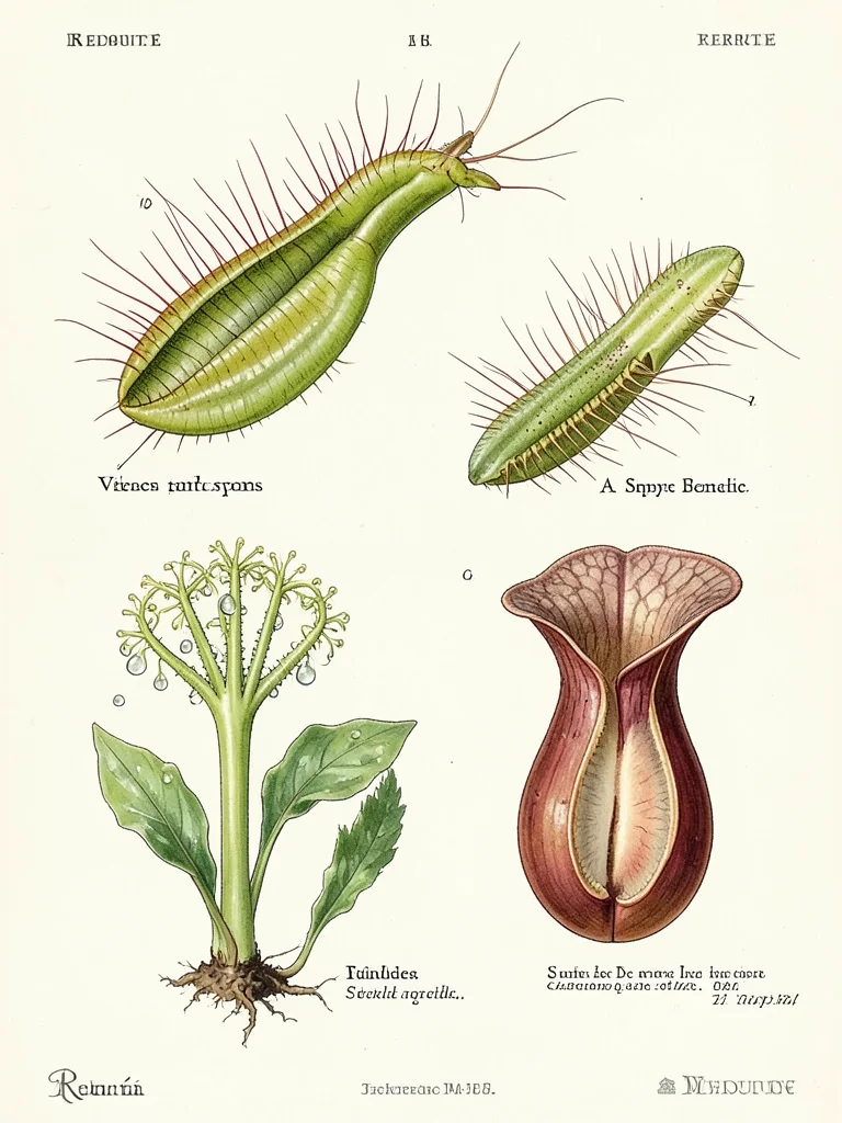 A carnivorous plant plate: Venus flytrap showing trigger hairs, sundew with dew 
