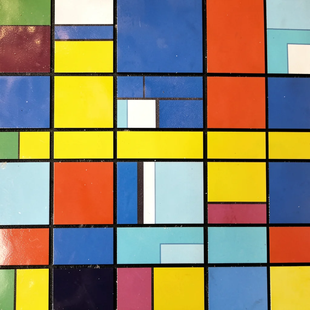 Close-up of a Dutch tile floor — repeated primary color square grid