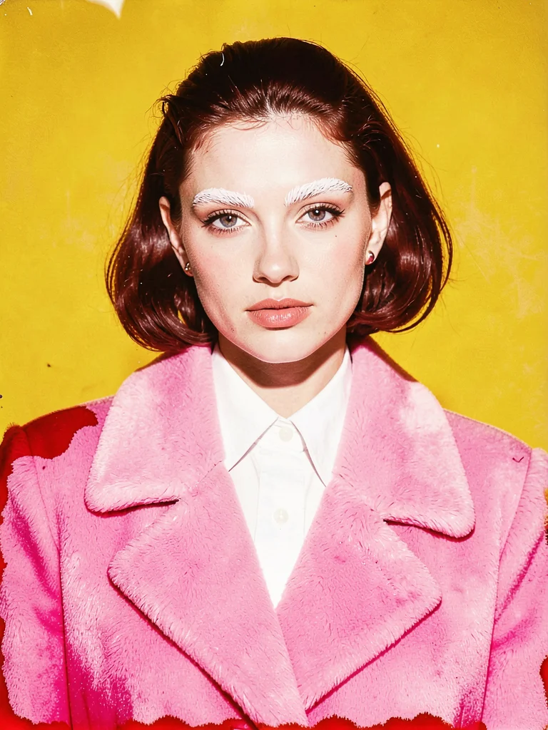 Fashion portrait: model with bleached brows, bubblegum pink coat, cadmium yellow