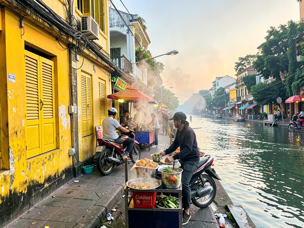 Dawn pho stall steam against yellow walls