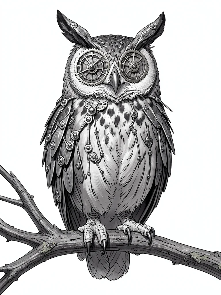 Owl with clock gear eyes, mechanical feathers that look organic, perched on bran