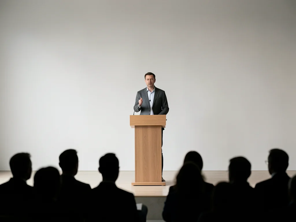 Person standing at a podium delivering a keynote, audience silhouettes in foregr