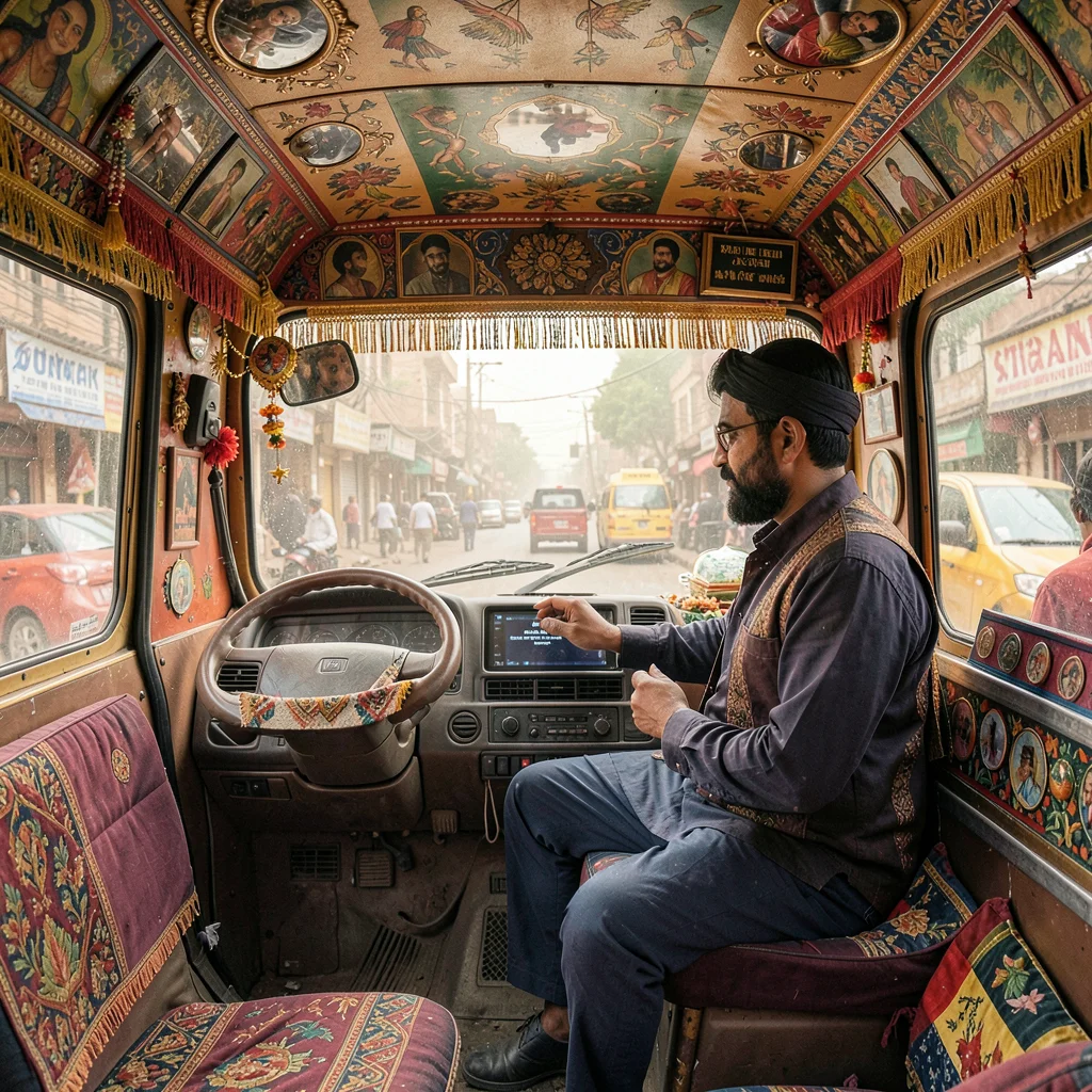 Elaborate decoration surviving dusty Lahore streets, Truck driver's cab interior