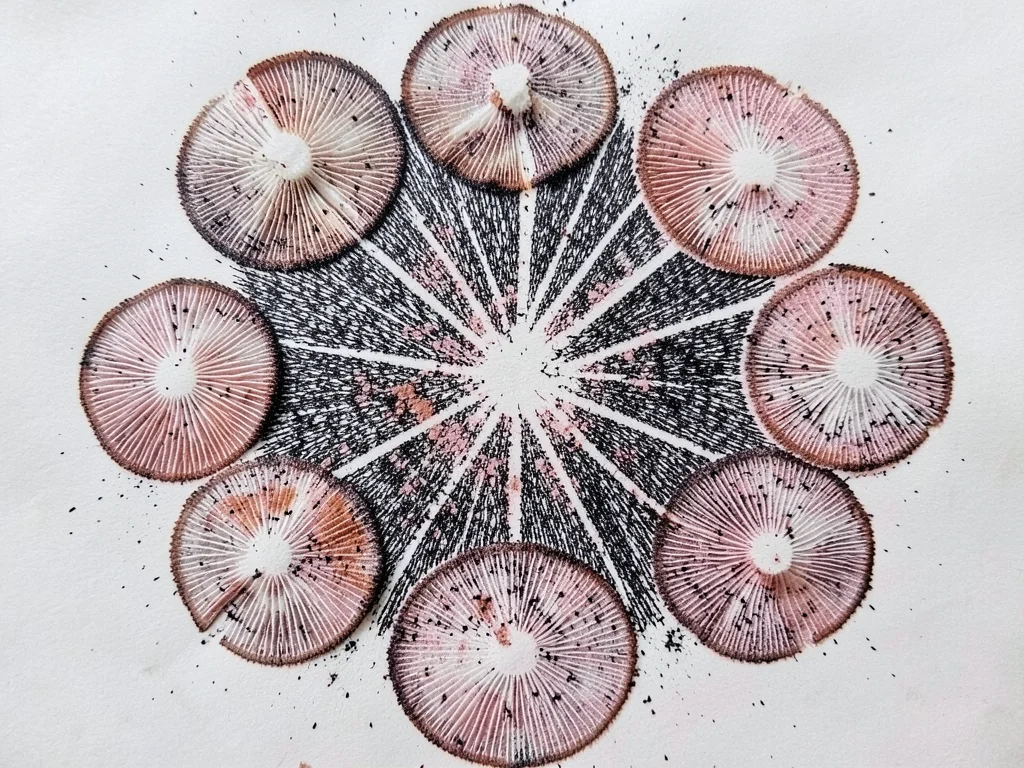 Dense overlapping prints from ten specimens of the same species, creating thick 