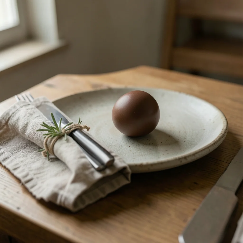 A close detail of a place setting: a linen napkin wrapped around cutlery and tie