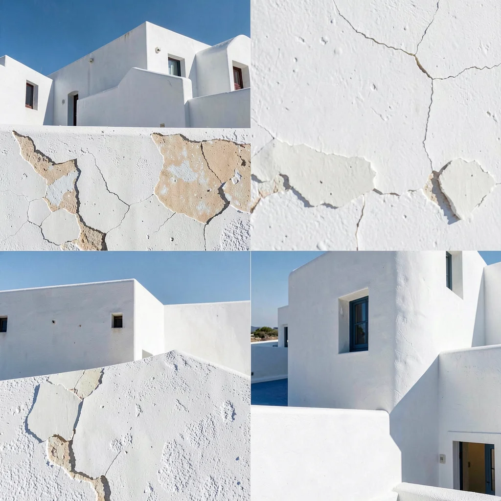 Cycladic whitewash study, Greek island lime, Flaking whitewash revealing older l