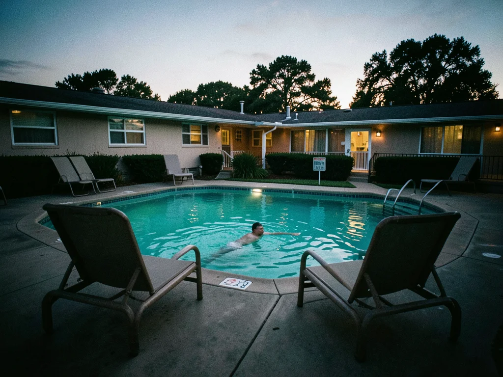 A roadside motel pool at dusk, turquoise water, two deck chairs, a single swimme