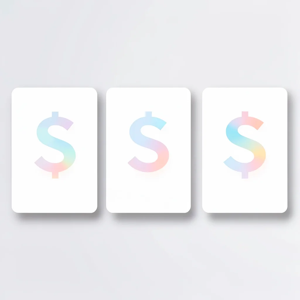 Triptych of three flat invoice-card tiles arranged in a horizontal row, each til