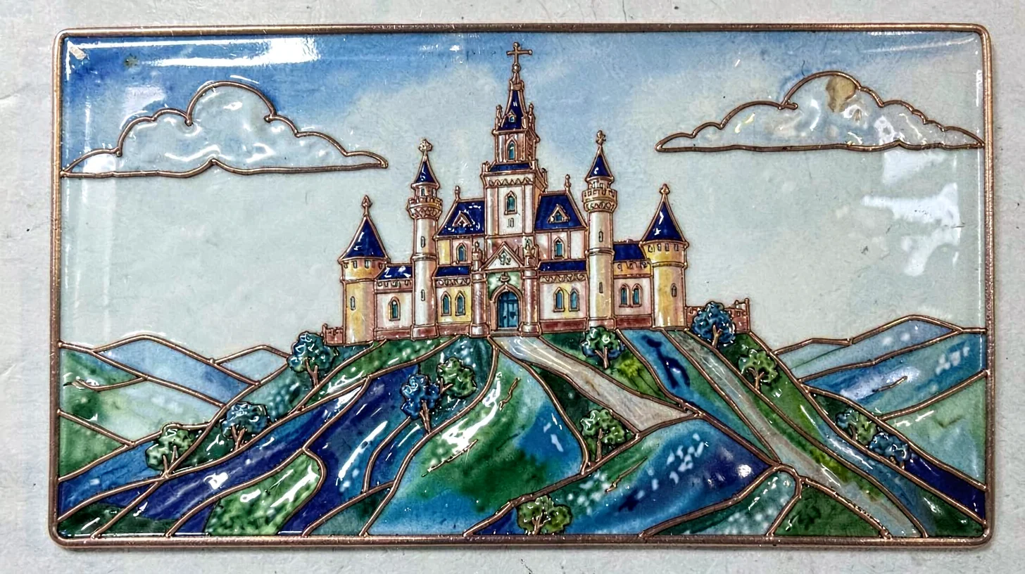 Cloisonné enamel illustration, castle on hilltop , copper wire outlines, glass e