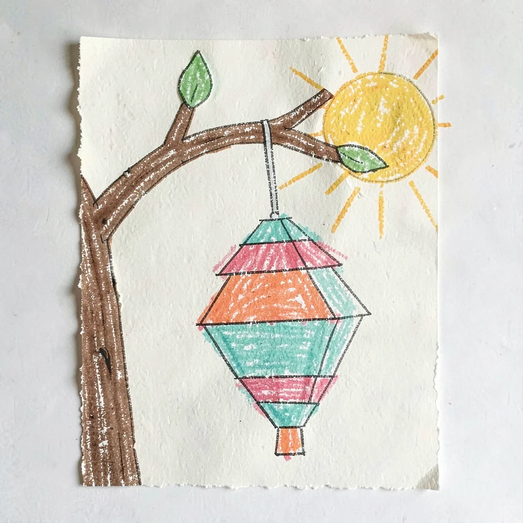 Vertical papercraft scene of a paper pinata hanging from a paper branch