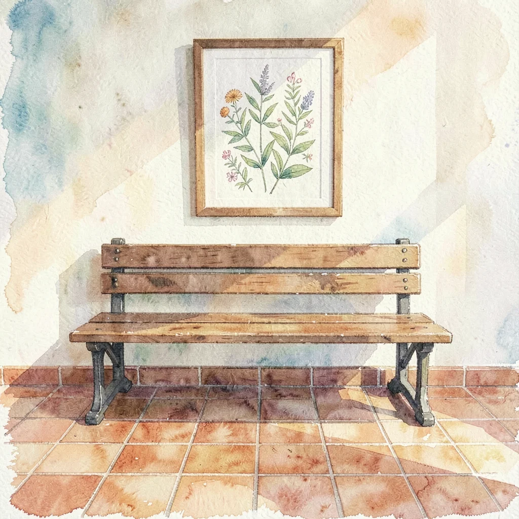 Soft wash painting of an empty waiting bench under a framed botanical print, ter