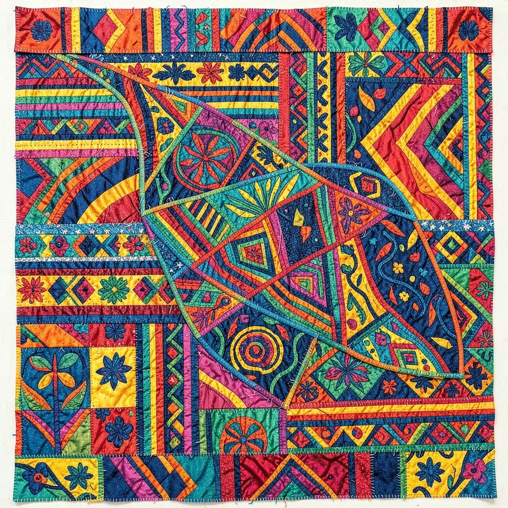 Panamanian mola textile illustration, a stingray gliding with body layer designs