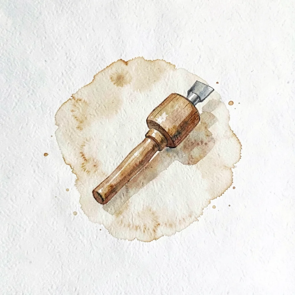 Gouache spot of a small wooden mallet and chisel, sienna and cream palette