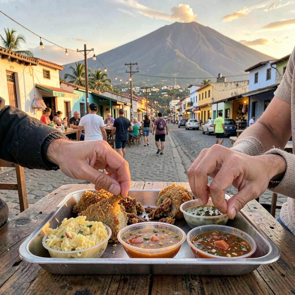 Pupusería golden hour in El Salvador, A tray of yuca frita with chicharron, hand
