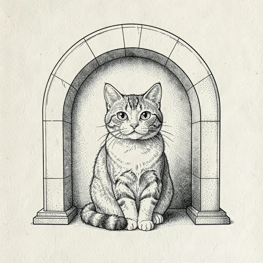 Pen-ink character study of a cat protected under a stylised arch, expressive lin