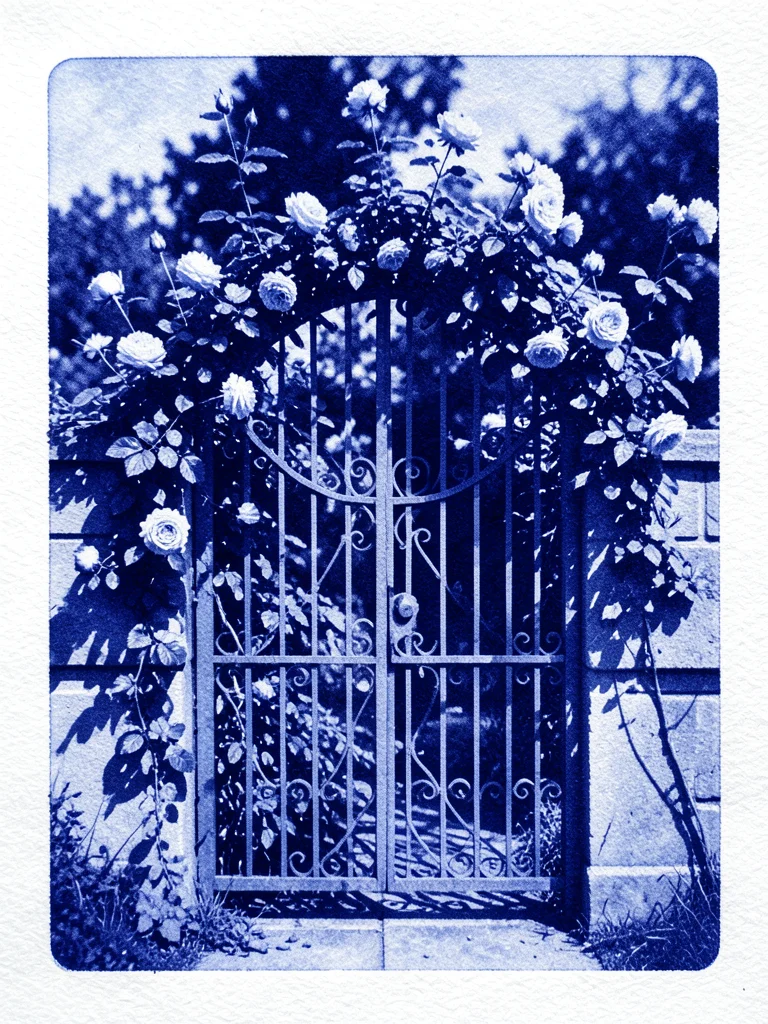 A wrought-iron garden gate with climbing roses just beginning to bloom, the whol