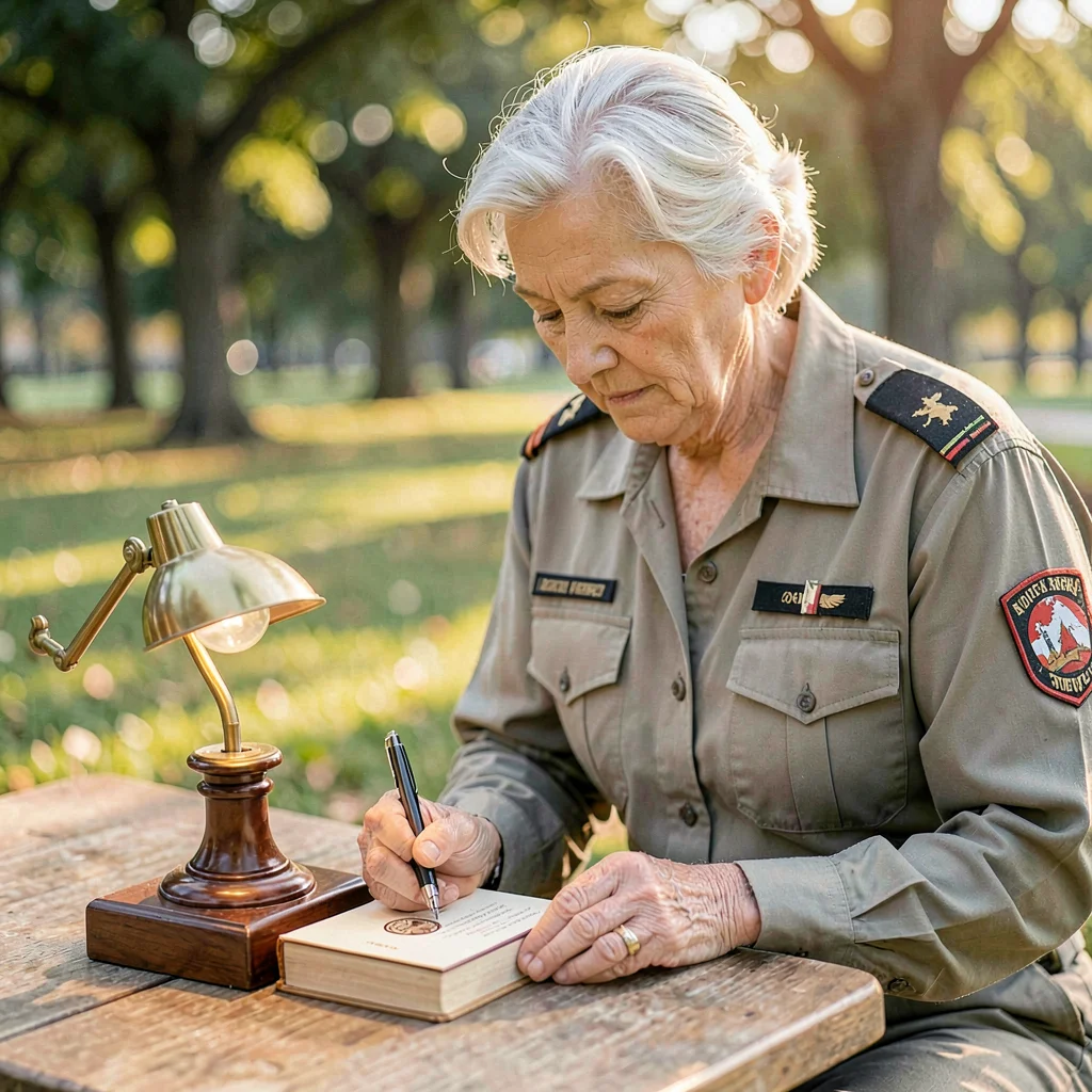 A focused white park ranger in her forties stamping a passport with a small seal