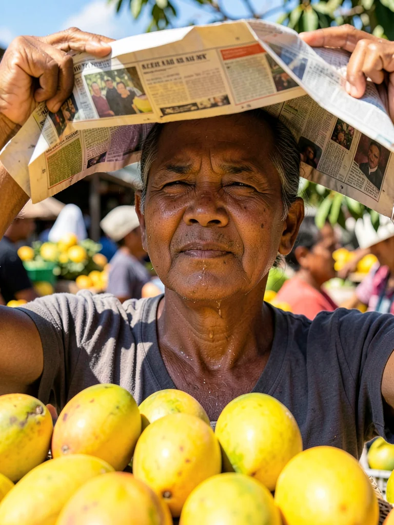 A fruit vendor squinting into the noon sun, their face half-shaded by a newspape