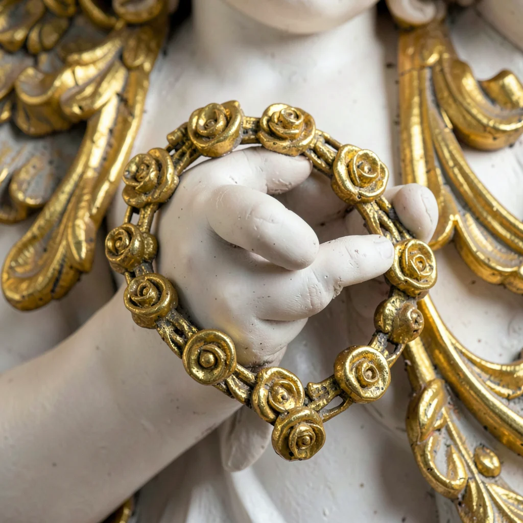 Baroque ornament fragment, Moravian gilt detail, Plaster angel hand holding gild