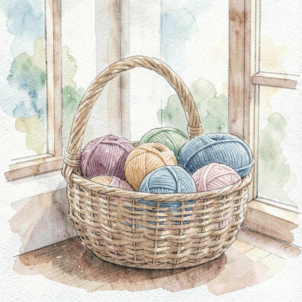 Gouache illustration of a basket of yarn skeins beside a window