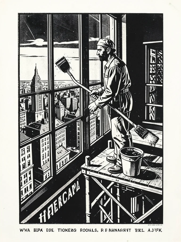 A window washer on a scaffold thirty stories up, reflection of the city in the g