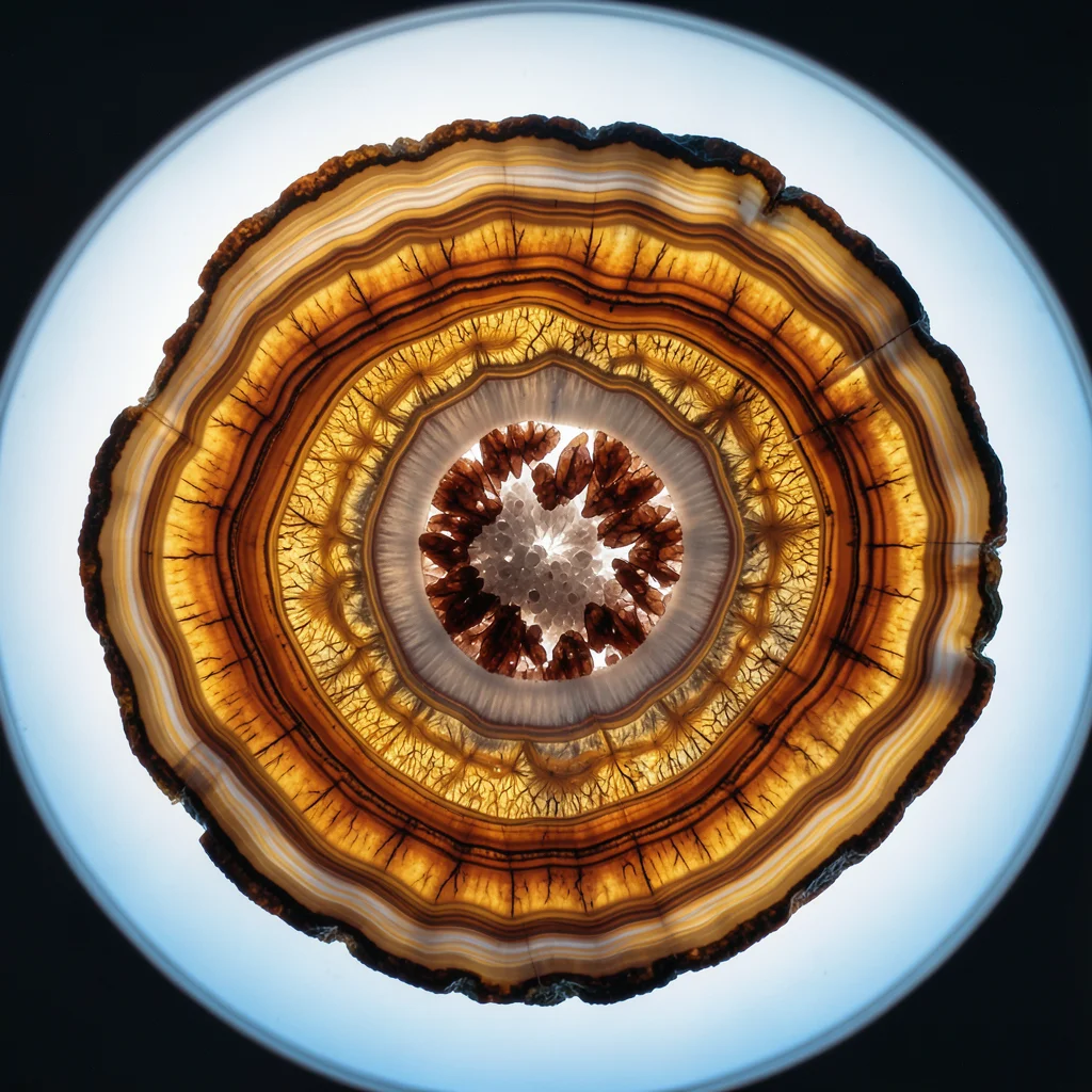 Geode slice in autumn amber, deep brown and gold crystal layers