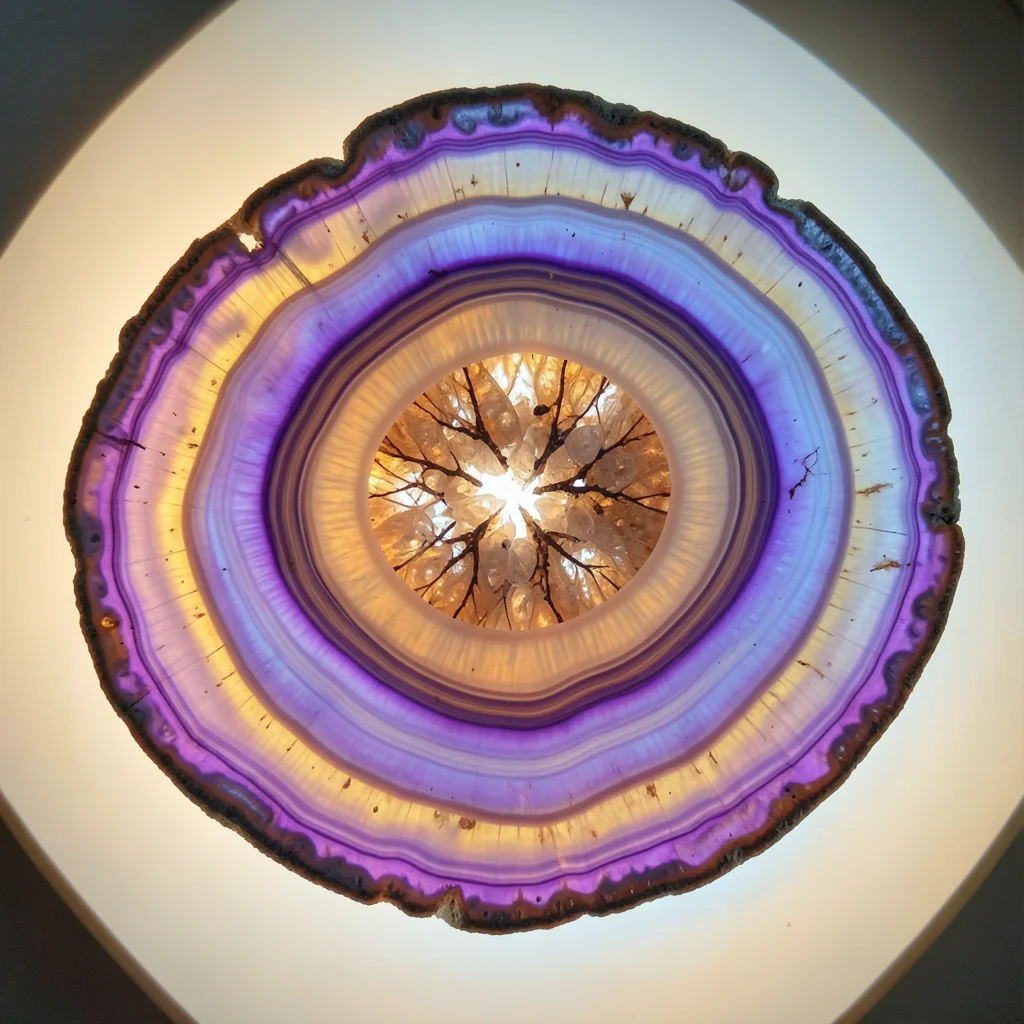 Geode slice in school colors, purple and gold crystal layers, achievement minera