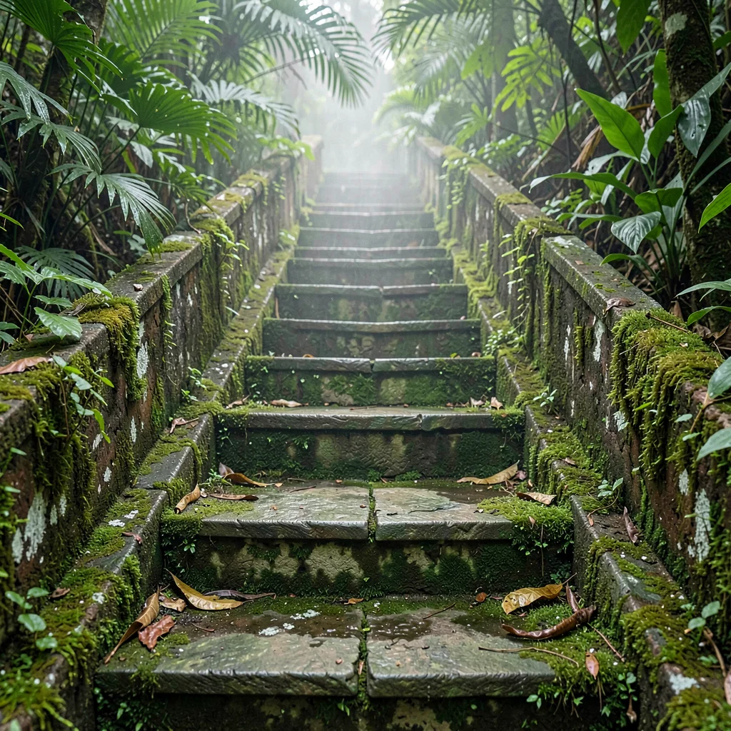 Tropical weathered surfaces, humid atmosphere, Stone steps worn smooth in the ce