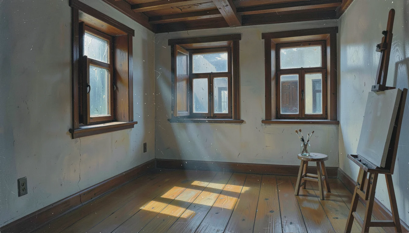 Oil painting of an interior, muted palette, the tradition of Northern European i