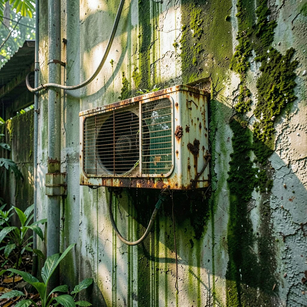 Tropical weathered surfaces, humid atmosphere, Air conditioning unit rusted in p