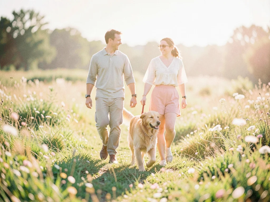 Two friends walking a golden retriever through a meadow