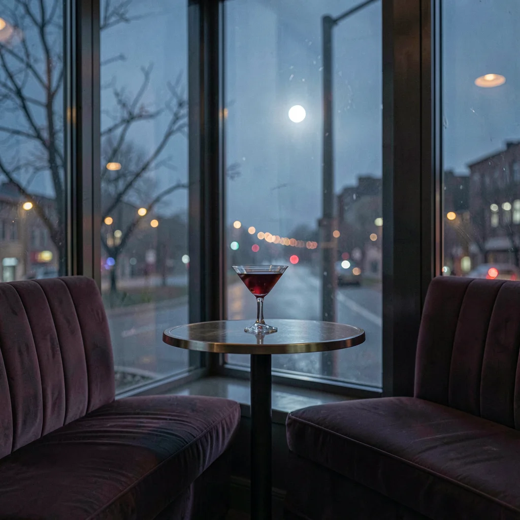 Vertical nocturnal scene of a tall window booth with a single martini on the tab