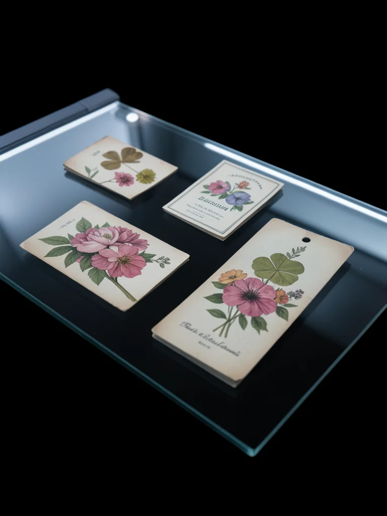 Vintage pressed flower bookmarks and a dried four-leaf clover