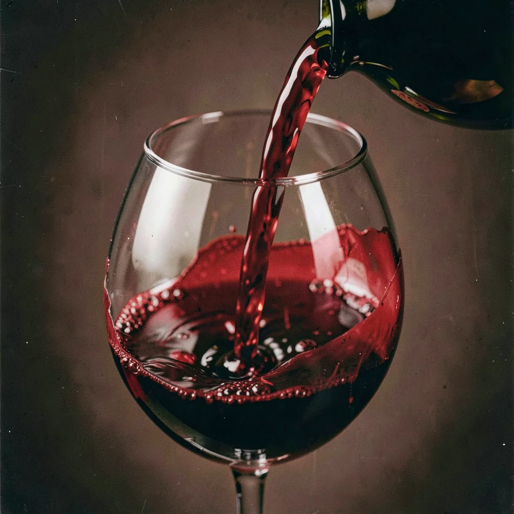 Close-up of wine being poured — deep crimson flood, colour bleeding beyond the g