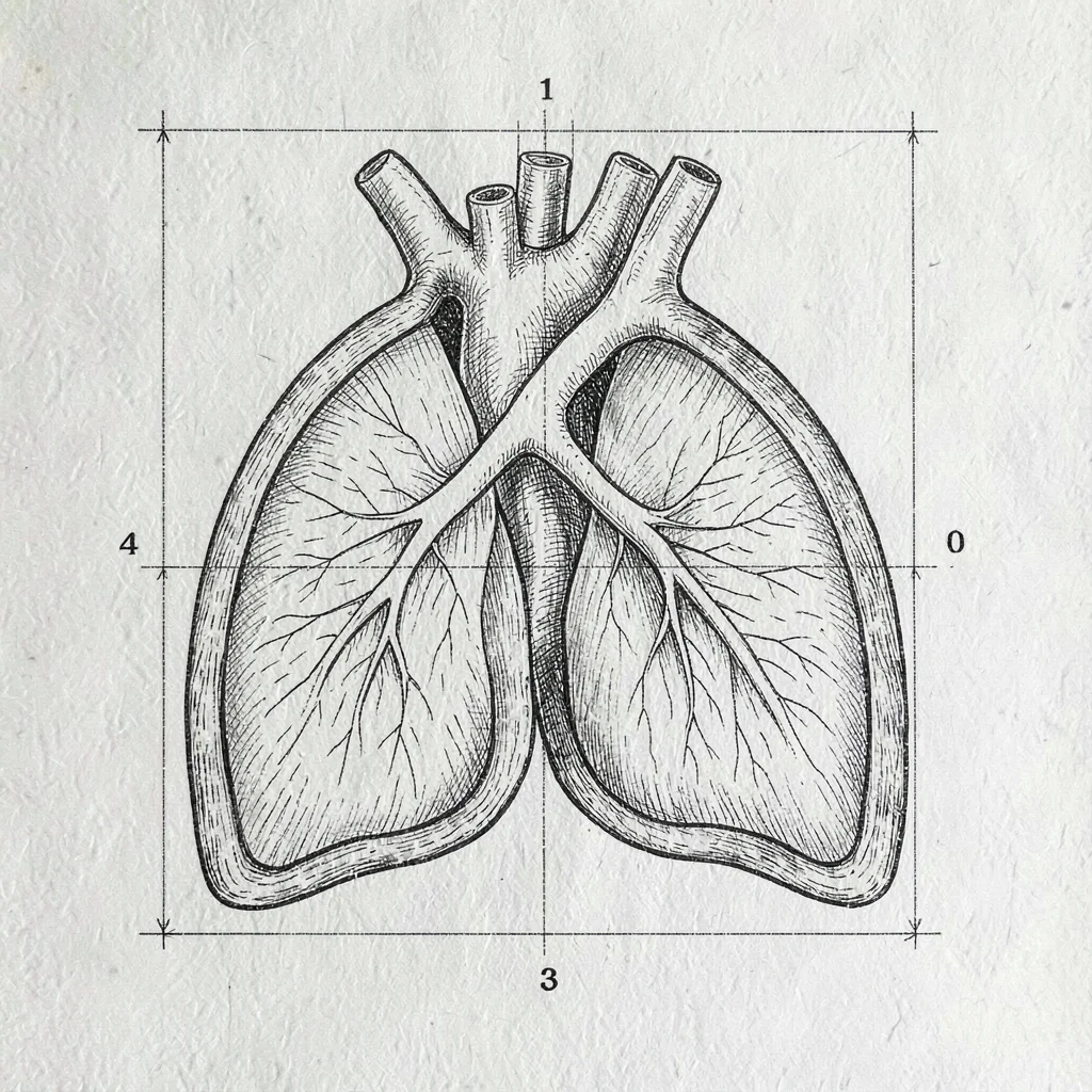 Blueprint study of a feline heart and lung cross section, layered ink linework, 