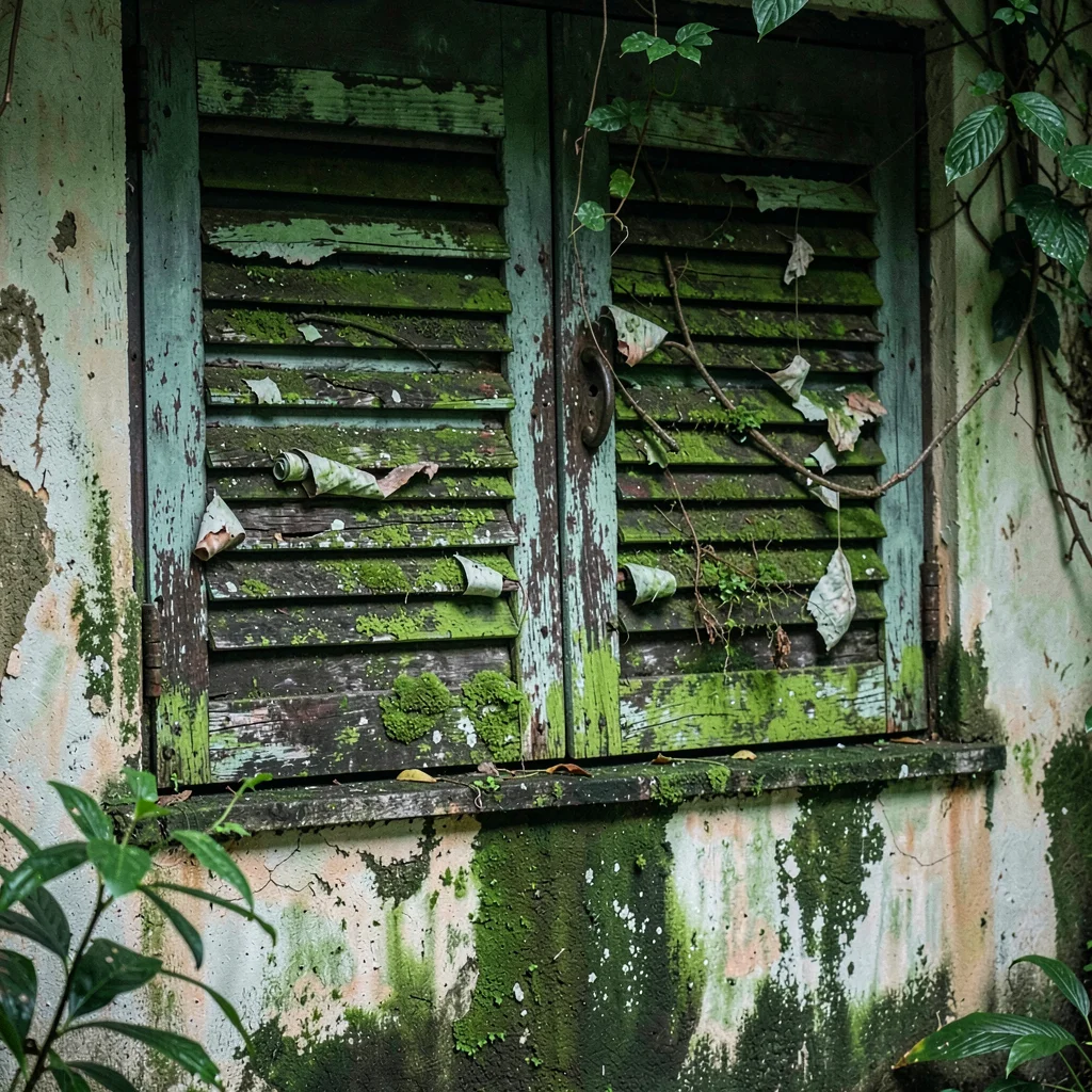 Tropical weathered surfaces, humid atmosphere, Wooden window shutters with paint
