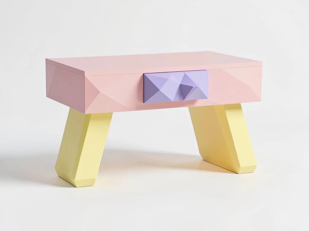 Drawered dusty-pink lowpoly desk with a triangulated lavender drawer face and ch